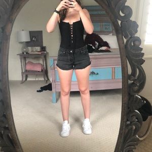 Boutique distressed black denim shorts